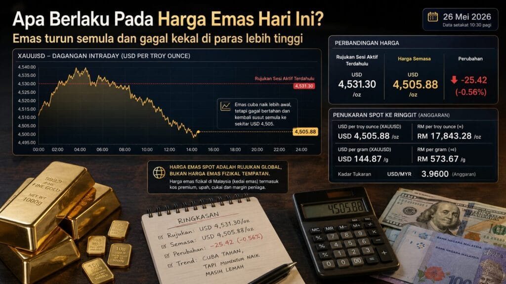 Analisis Emas Hari Ini oleh Sifu Gold: 26 Mei 2026 — Serangan AS Ke Atas Iran Tolak Minyak Naik, Kebimbangan Inflasi Tekan Harga Emas 1 Apa Berlaku Pada Harga Emas Hari Ini 26 May 2026 1