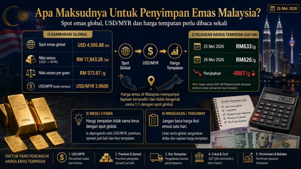 Analisis Emas Hari Ini oleh Sifu Gold: 26 Mei 2026 — Serangan AS Ke Atas Iran Tolak Minyak Naik, Kebimbangan Inflasi Tekan Harga Emas 3 Apa Maksudnya Untuk Penyimpan Emas Malaysia 26 May 2026 3