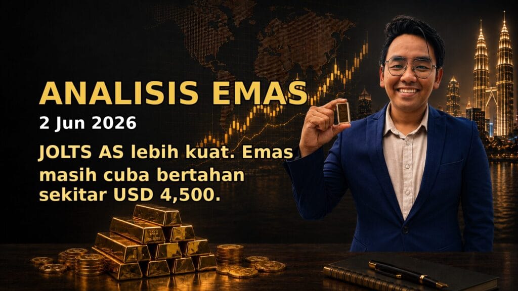 Analisis Emas Hari Ini oleh Sifu Gold: 2 Jun 2026 — JOLTS AS Lebih Kuat, Emas Hanya Mampu Bertahan Sekitar USD 4,500 5 Featured image Analisis Emas Hari Ini oleh Sifu Gold untuk market 2 Jun 2026.