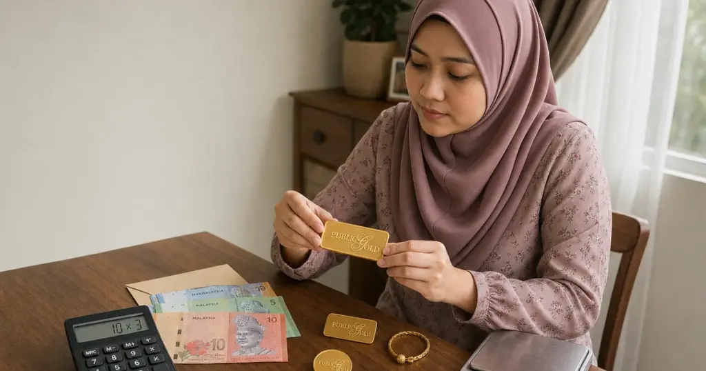 Wanita Melayu bertudung menyemak emas Public Gold, duit RM, calculator dan scale sebelum membeli.