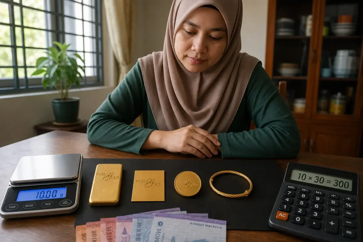 7 Kesilapan Orang Baru Bila Mula Beli Emas Public Gold 2 Wanita Melayu bertudung membandingkan emas Public Gold dengan scale dan calculator sebelum membeli.