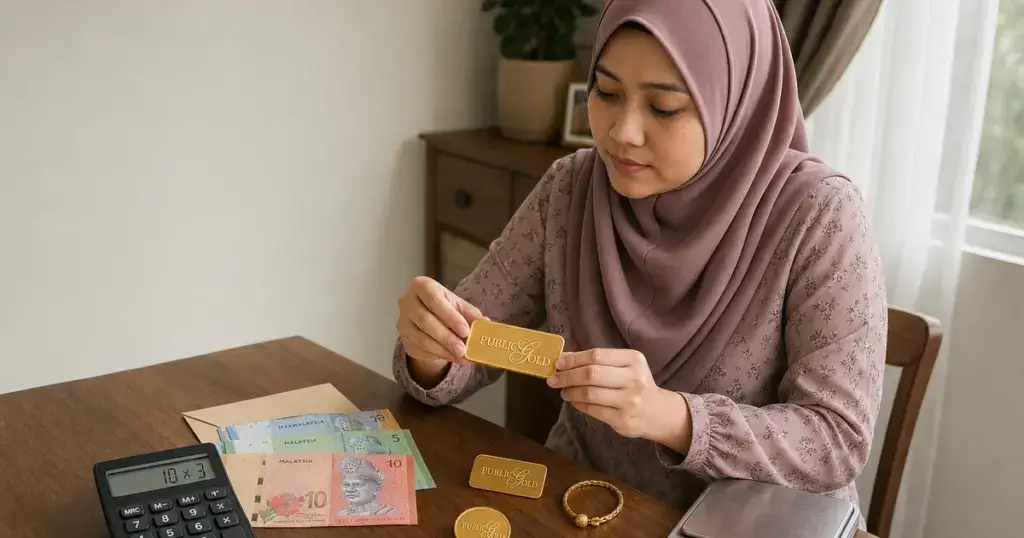 Malay woman in a tudung checking Public Gold gold, Malaysian cash, calculator and scale before buying.