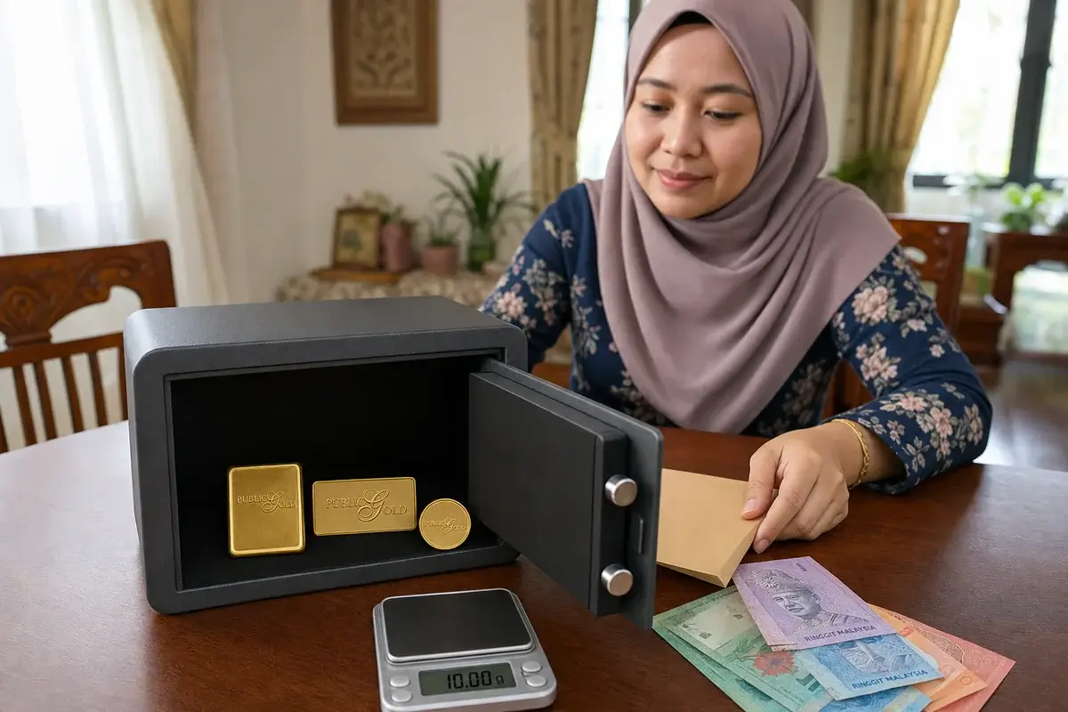 7 Mistakes New Buyers Make With Public Gold 3 Malay woman in a tudung organising Public Gold gold in a safebox with closed records and Malaysian Ringgit.
