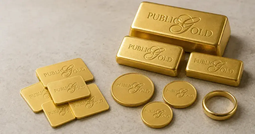 Collection of Public Gold branded bars, wafers, coins and gold jewellery on a tabletop.
