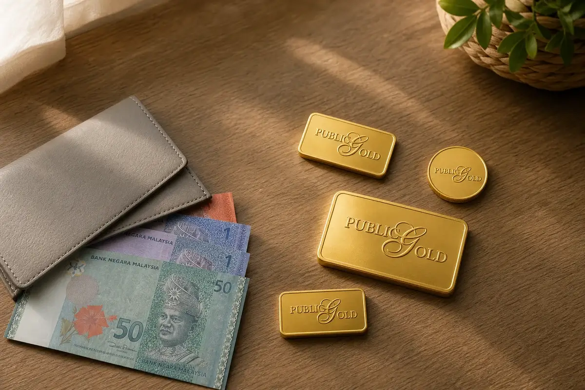 What Public Gold Savings Mean 1 Malaysian Ringgit cash placed separately from Public Gold branded physical gold on a tabletop.