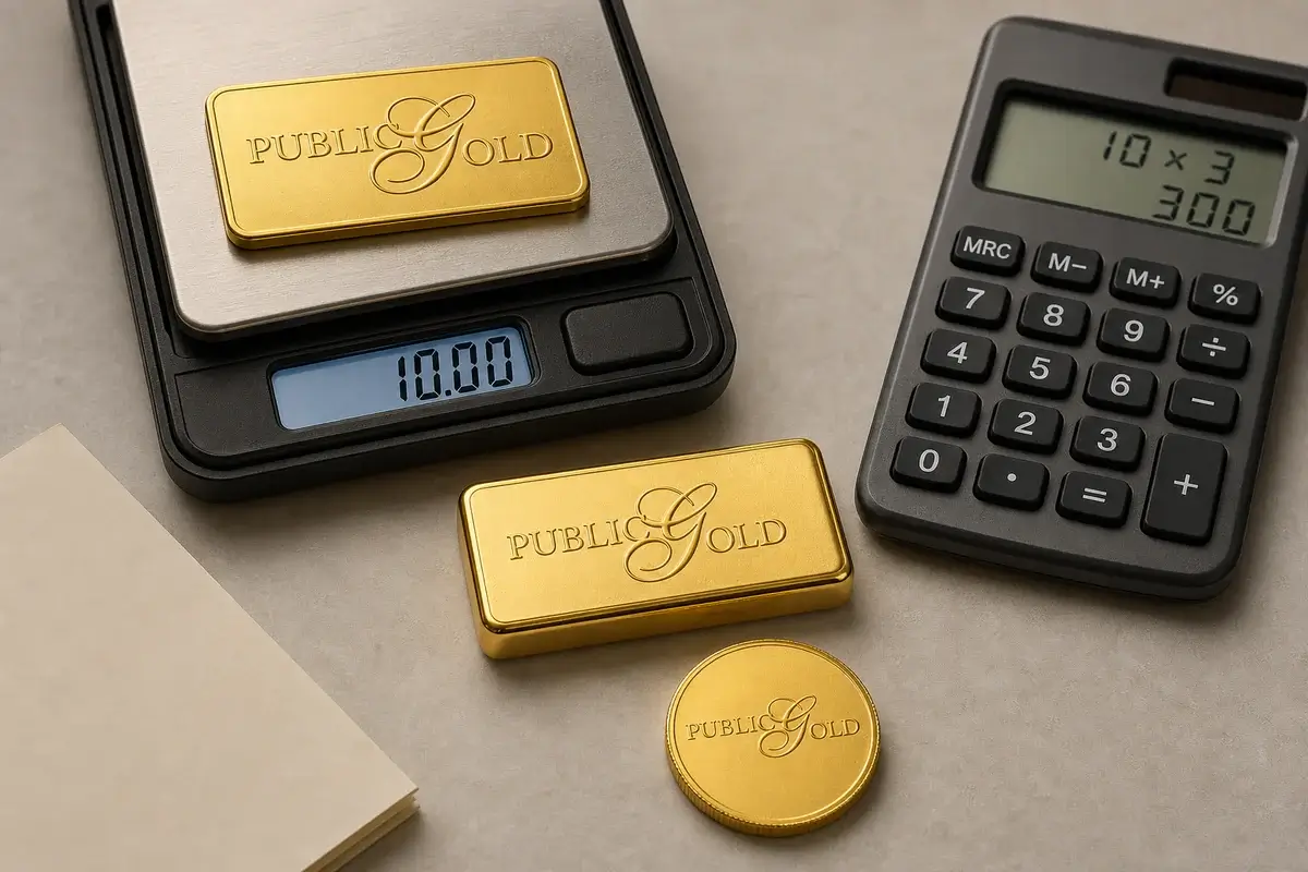 What Public Gold Savings Mean 2 Public Gold branded bar, wafer and coin beside a scale and calculator showing a simple calculation.