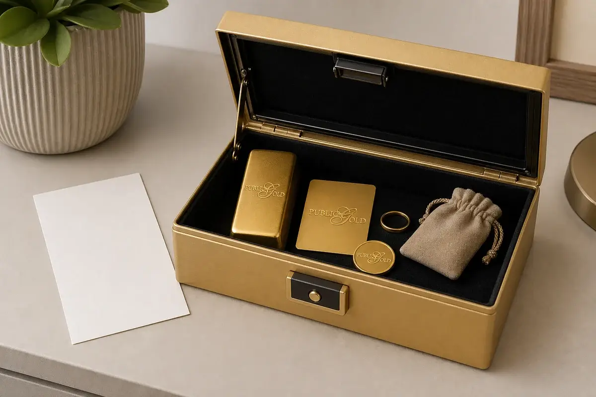 What Public Gold Savings Mean 3 Gold safebox with Public Gold branded bars, wafers, coins and gold jewellery beside blank records.