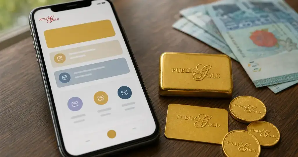 Telefon pintar dengan logo Public Gold bersama gold bar, wafer dan syiling berlogo sebagai visual mula top up GAP 24K.