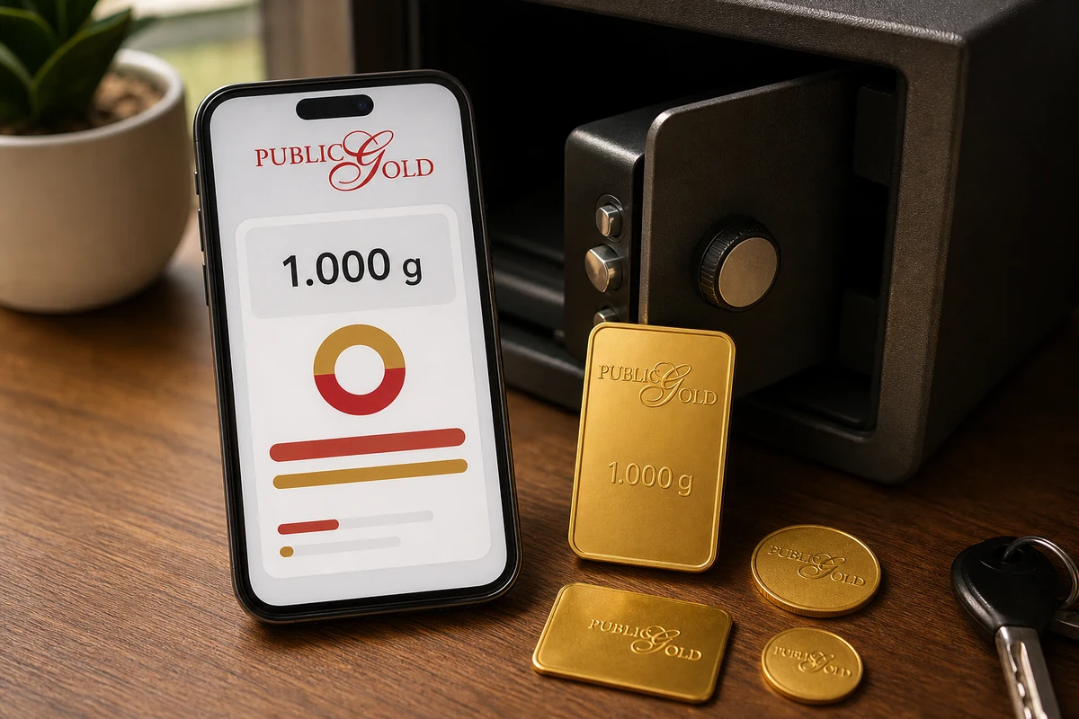 Public Gold: Cara Mula Simpan Emas Dari RM100 3 Skrin app Public Gold menunjukkan 1.000 g sepadan dengan gold bar berlogo Public Gold untuk semakan emas fizikal.