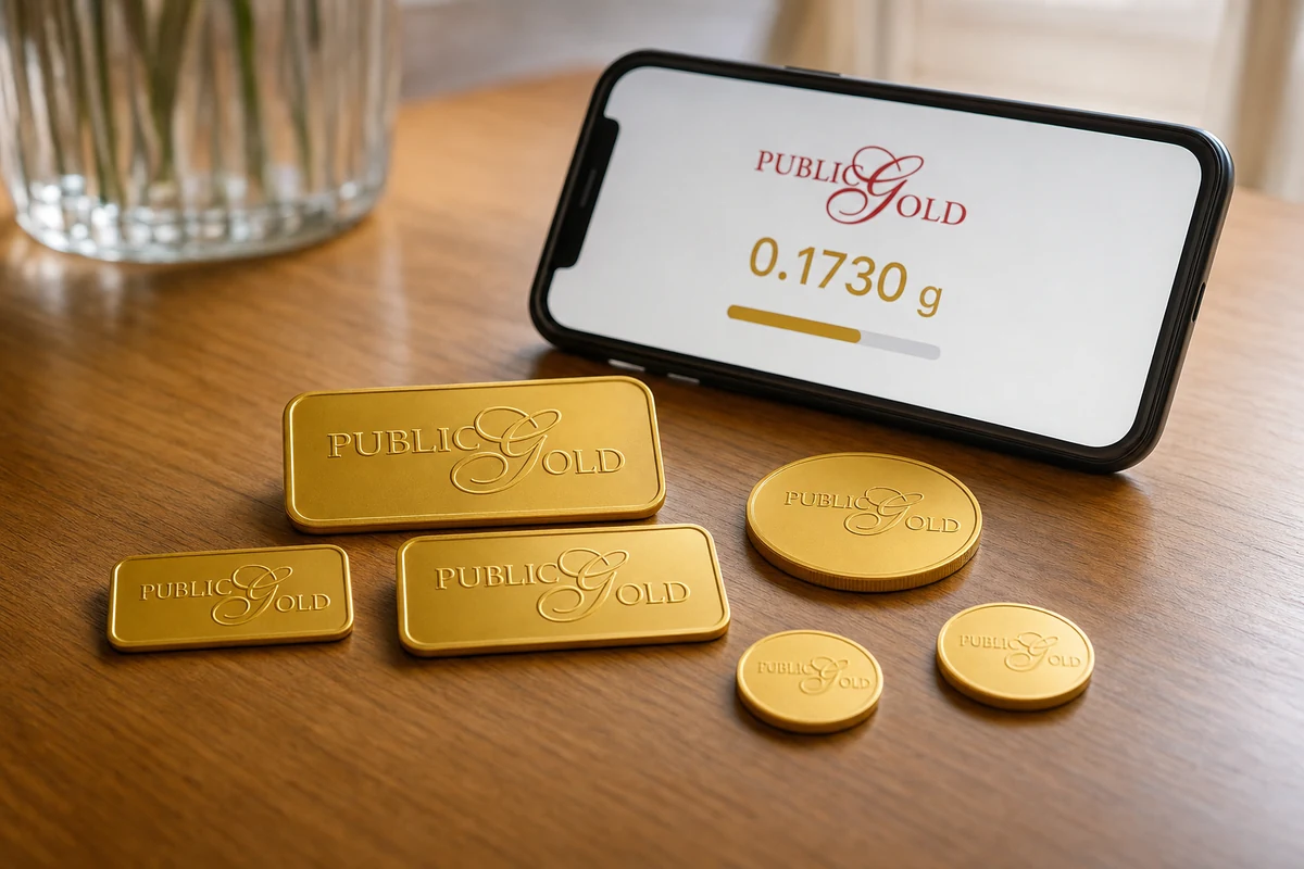 Public Gold: How To Start Saving Gold From RM100 1 Phone screen showing a GAP gold gram record beside Public Gold logo wafers and coins.