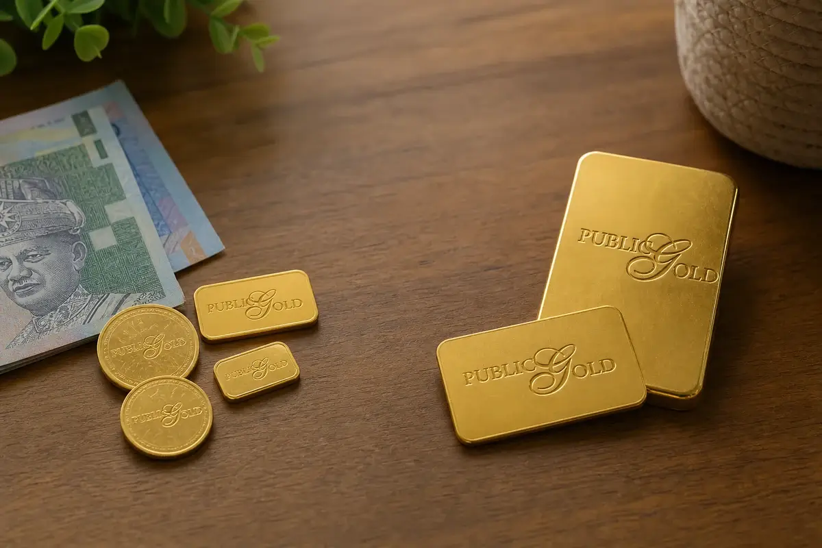 Public Gold: How To Start Saving Gold From RM100 2 Small cash separated from Public Gold logo bar and wafer showing the difference between a GAP top-up and physical gold.