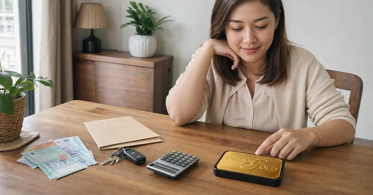 Wanita Melayu di meja rumah menyusun duit Ringgit dan gold bar berlogo Public Gold sebagai gambaran asingkan nilai.