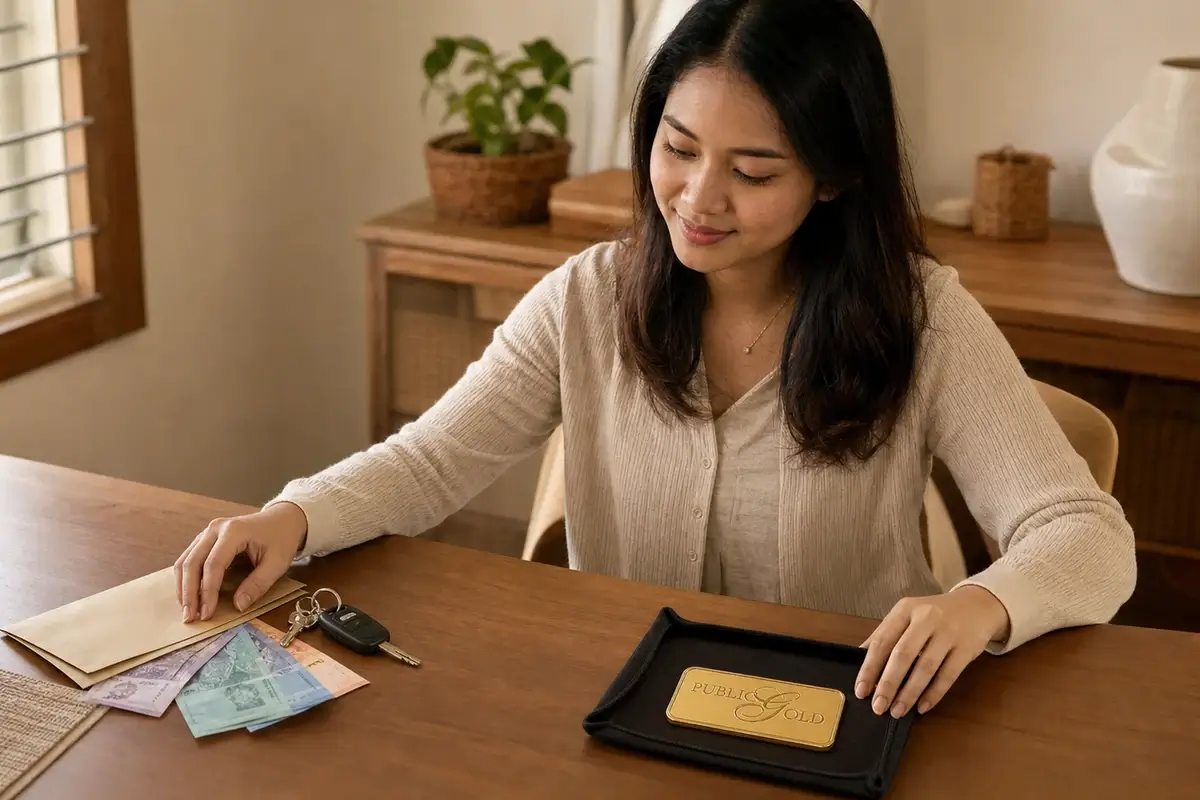 Gaji Masuk, Duit Cepat Habis? Ini Sebab Ramai Mula Simpan Emas Public Gold 1 Wanita Melayu menyusun duit Ringgit dan gold bar berlogo Public Gold untuk menunjukkan fungsi tunai dan emas yang berbeza.