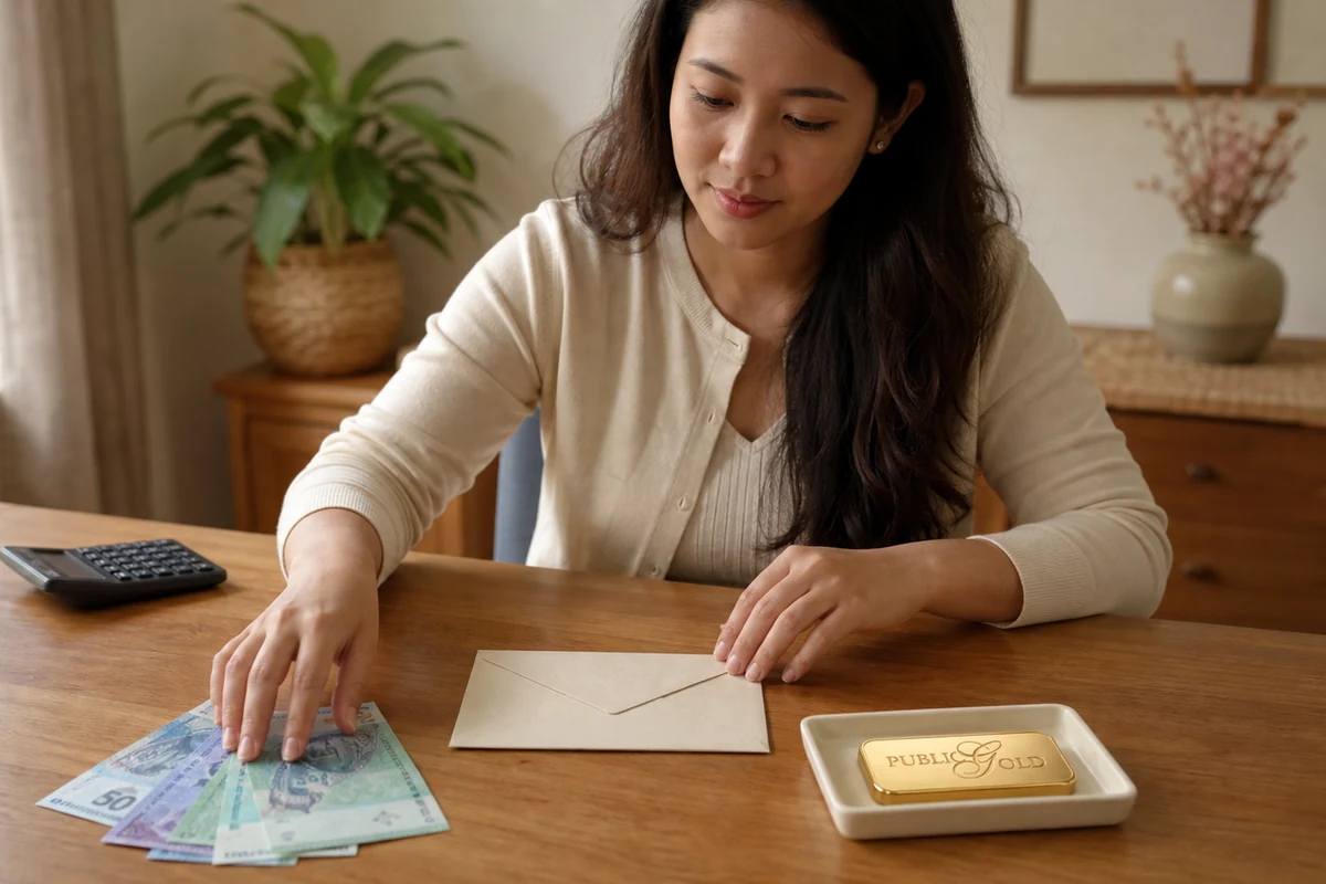 Salary Comes In, Money Goes Fast? Why People Start Saving Gold With Public Gold 2 Malay woman arranging daily cash, a closed envelope and a Public Gold logo gold bar as a way to start without pressure.