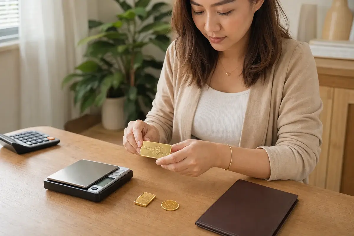 Salary Comes In, Money Goes Fast? Why People Start Saving Gold With Public Gold 3 Malay woman checking a Public Gold logo gold bar, digital scale and closed folder before buying gold.