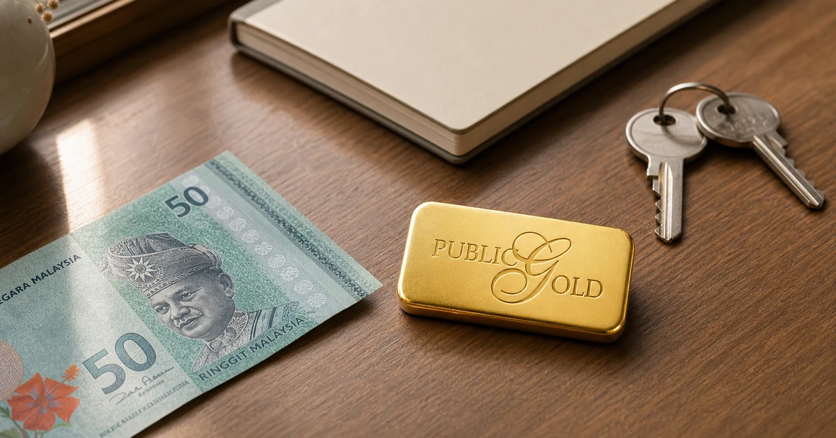 Nota mata wang Malaysia dan gold bar dengan logo Public Gold ditekan pada permukaan emas di atas meja rumah.