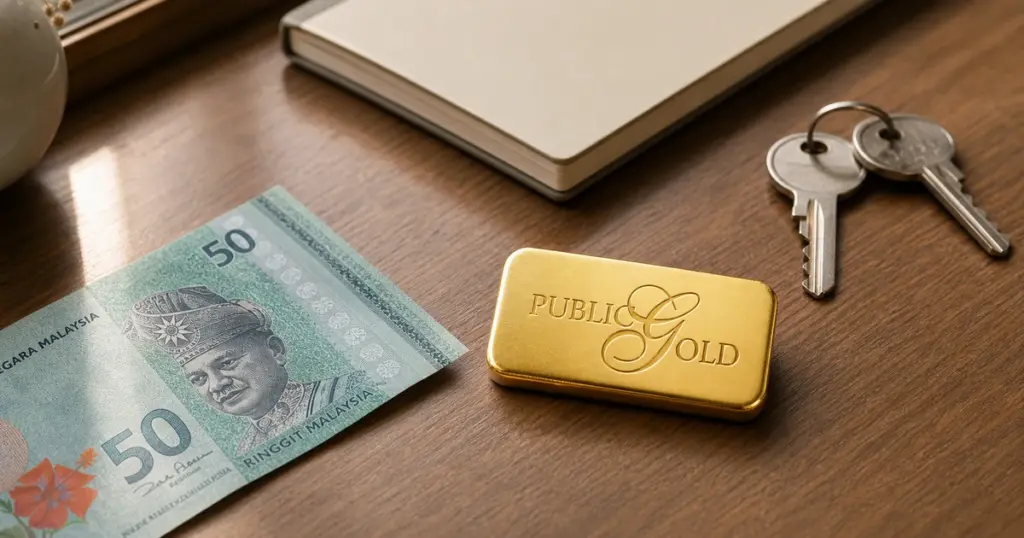 Malaysian currency note and a gold bar with the Public Gold logo pressed into the gold surface on a home table.