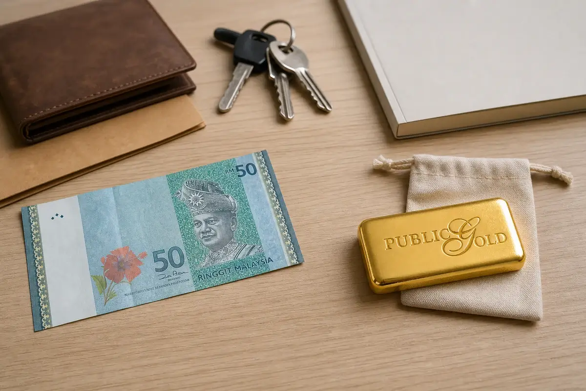 Malaysian currency note and a Public Gold logo gold bar on a table showing the different roles of cash and gold.