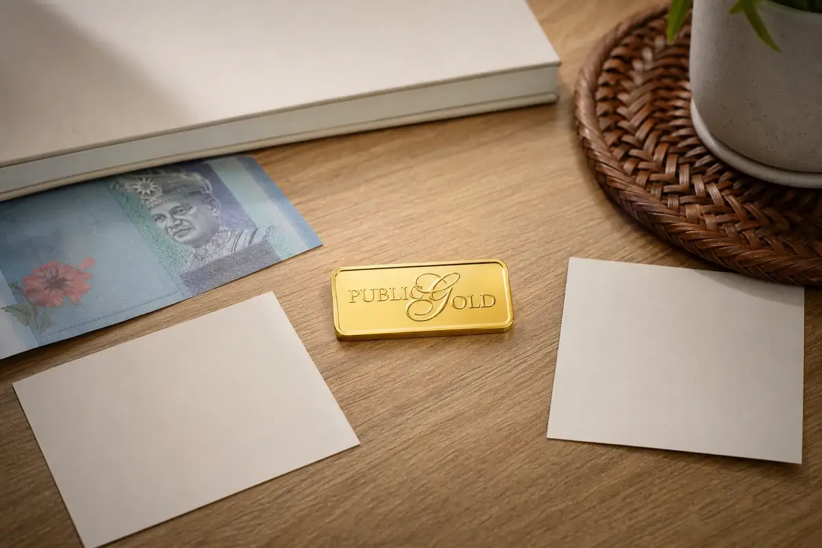Public Gold: Panduan Simpanan Emas 2 Gold bar berlogo Public Gold, nota mata wang Malaysia dan kad kosong sebagai gambaran kos dan risiko harga.