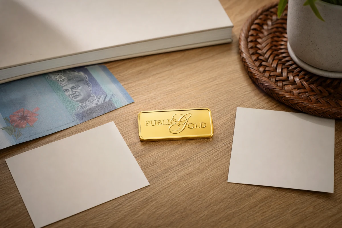 Public Gold logo gold bar, Malaysian currency note and blank cards illustrating costs and price risk.