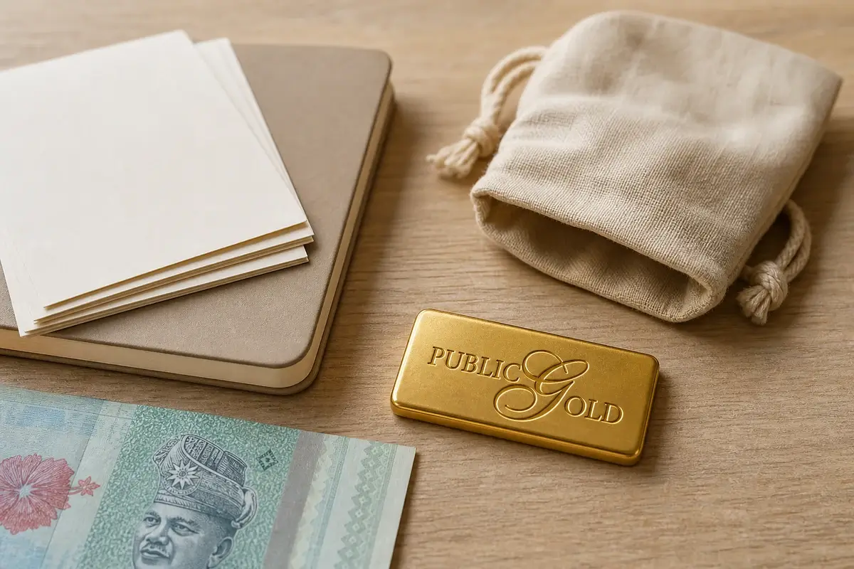 Public Gold logo gold bar, storage pouch, Malaysian currency note and blank papers as a record-keeping cue.